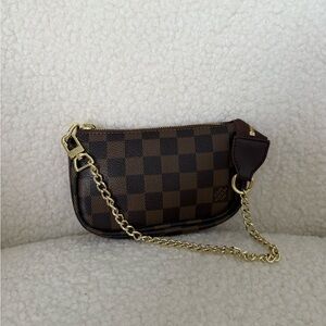 Brown Checkered Women's Bag with Gold Chain